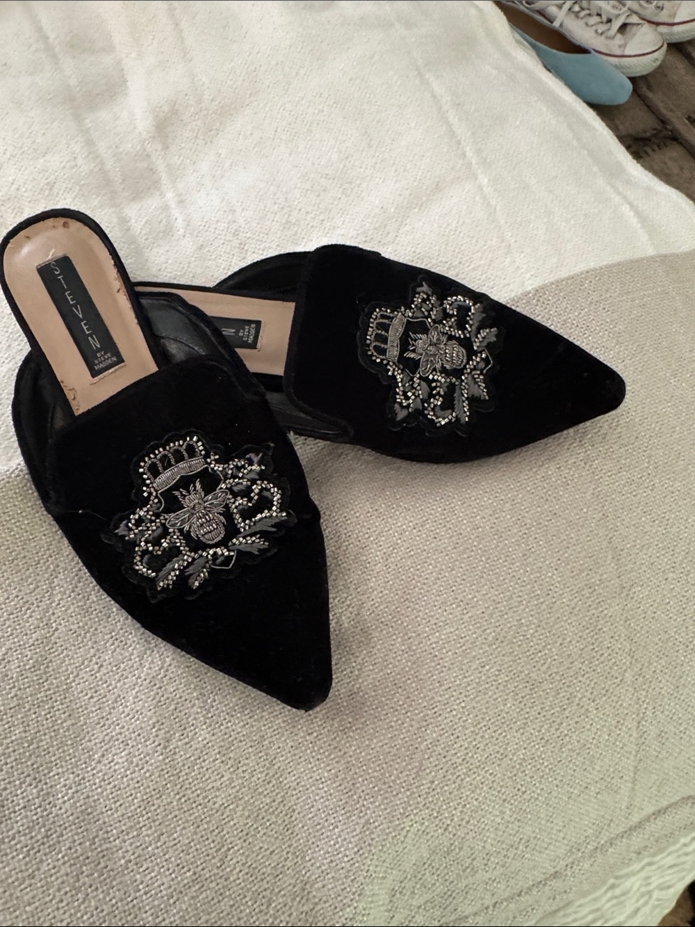 Steve Madden Black Velvet Embellished Pointed Mules